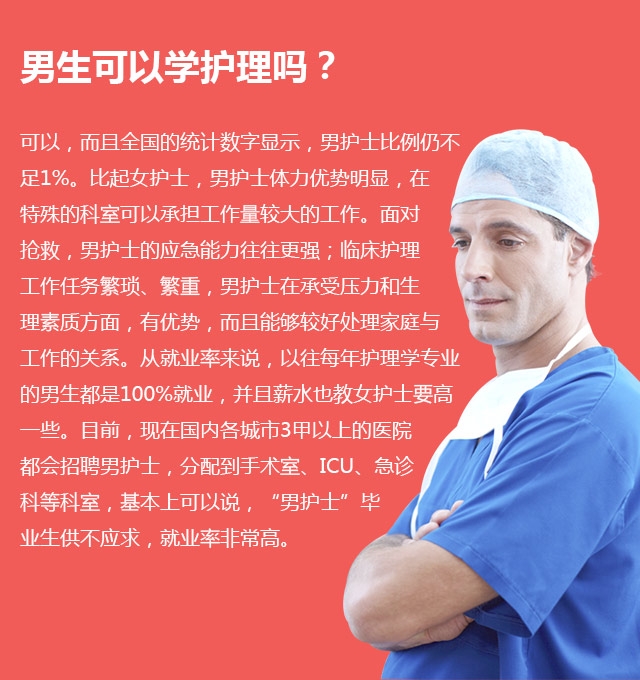 男生可以學(xué)護(hù)理嗎?可以，而且全國的統(tǒng)計(jì)數(shù)字顯示，男護(hù)士比例仍不足1%。比起女護(hù)士，男護(hù)士體力優(yōu)勢明顯，在特殊的科室可以承擔(dān)工作量較大的工作。面對搶救，男護(hù)士的應(yīng)急能力往往更強(qiáng);臨床護(hù)理工作任務(wù)繁瑣、繁重，男護(hù)士在承受壓力和生理素質(zhì)方面，有優(yōu)勢，而且能夠較好處理家庭與工作的關(guān)系。從就業(yè)率來說，以往每年護(hù)理學(xué)專業(yè)的男生都是100%就業(yè)，并且薪水也教女護(hù)士要高—些。目前，現(xiàn)在國內(nèi)各城市3甲以上的醫(yī)院都會招聘男護(hù)士，分配到手術(shù)室、ICU、急診科等科室，基本上可以說，“男護(hù)士”畢業(yè)生供不應(yīng)求，就業(yè)率非常高。